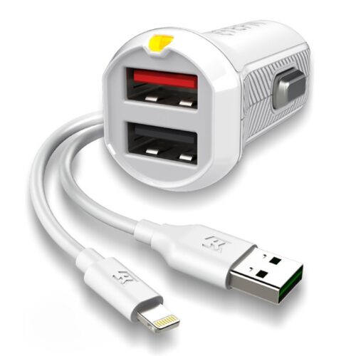 EFM Car Charger Dual USB with Lightning Cable - White