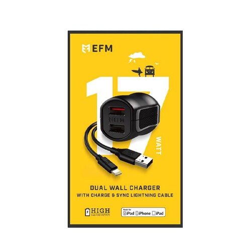 EFM Wall Charger 3.4A Dual USB With MFi Lightning Cable - Black